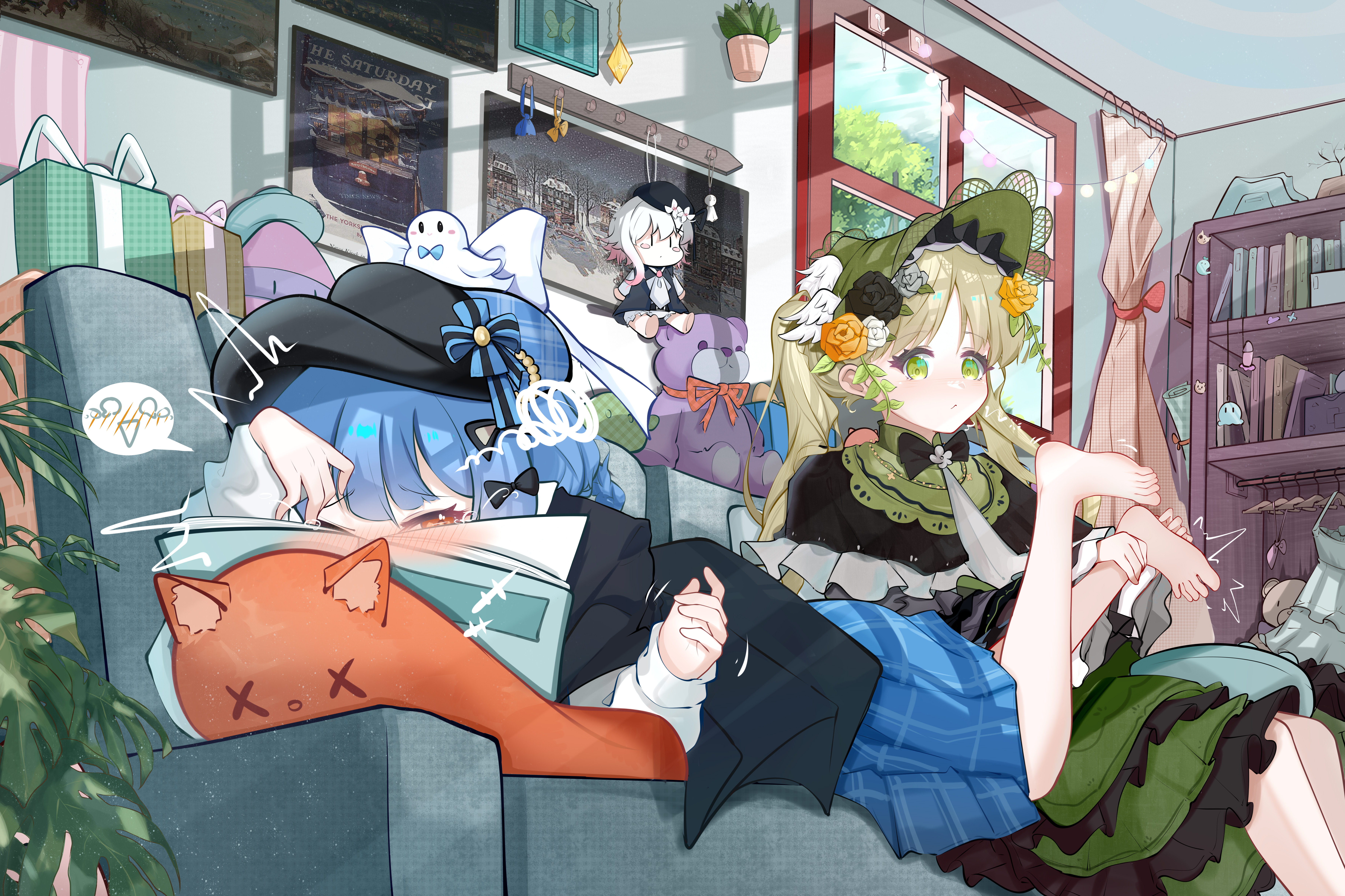 tachibana sherry, tono hanna, mahou shoujo no majo saiban, absurdres, commentary request, highres, 2girls, absurdly detailed composition, banbanban li, barefoot, black capelet, black hat, blue hair, blush, bookshelf, box, calendar (object), capelet, checkered clothes, checkered skirt, crying, crying with eyes open, dress, frilled dress, frills, full body, gift, gift box, green eyes, green hair, green hat, hair between eyes, hat, loaded interior, long hair, lying, medium hair, multiple girls, on person, on stomach, orange eyes, plant, poster (object), potted plant, skirt, spoken blush, squiggle, stuffed animal, stuffed cat, stuffed toy, tears, teddy bear, tickling, tickling feet, twintails, victorian, window, yuri