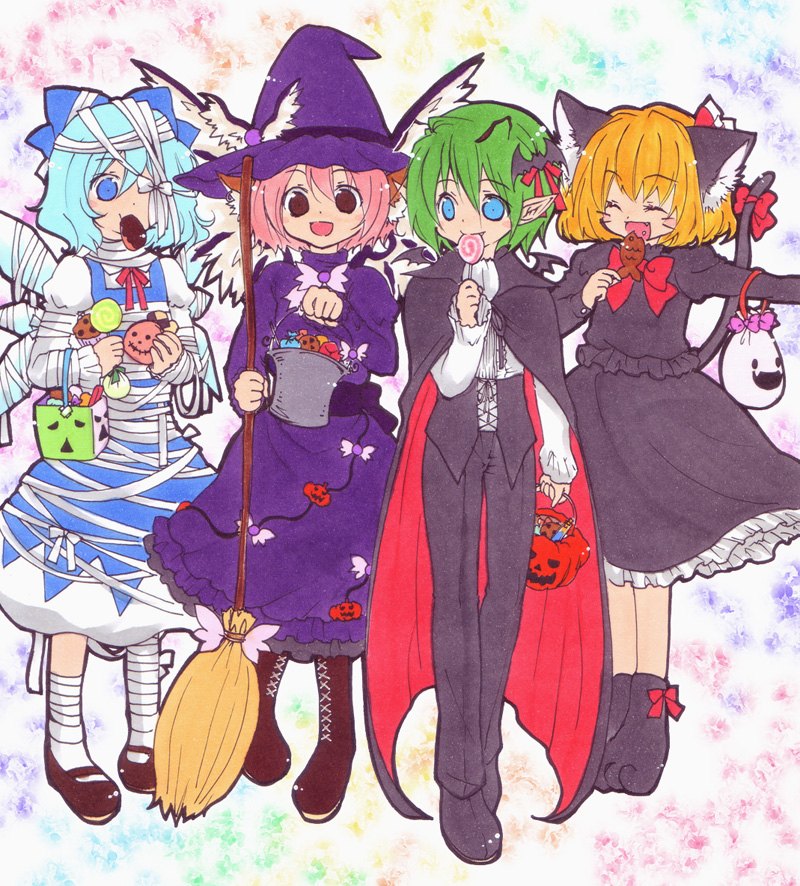 itetaki, cirno, mystia lorelei, rumia, wriggle nightbug, touhou, bad id, bad pixiv id, 4girls, :d, ^^^, ^ ^, blonde hair, blue eyes, blue hair, blush, broom, closed eyes, full body, green hair, halloween, halloween costume, hat, looking at viewer, multiple girls, open mouth, red eyes, short hair, smile, standing, team 9 (touhou), witch hat