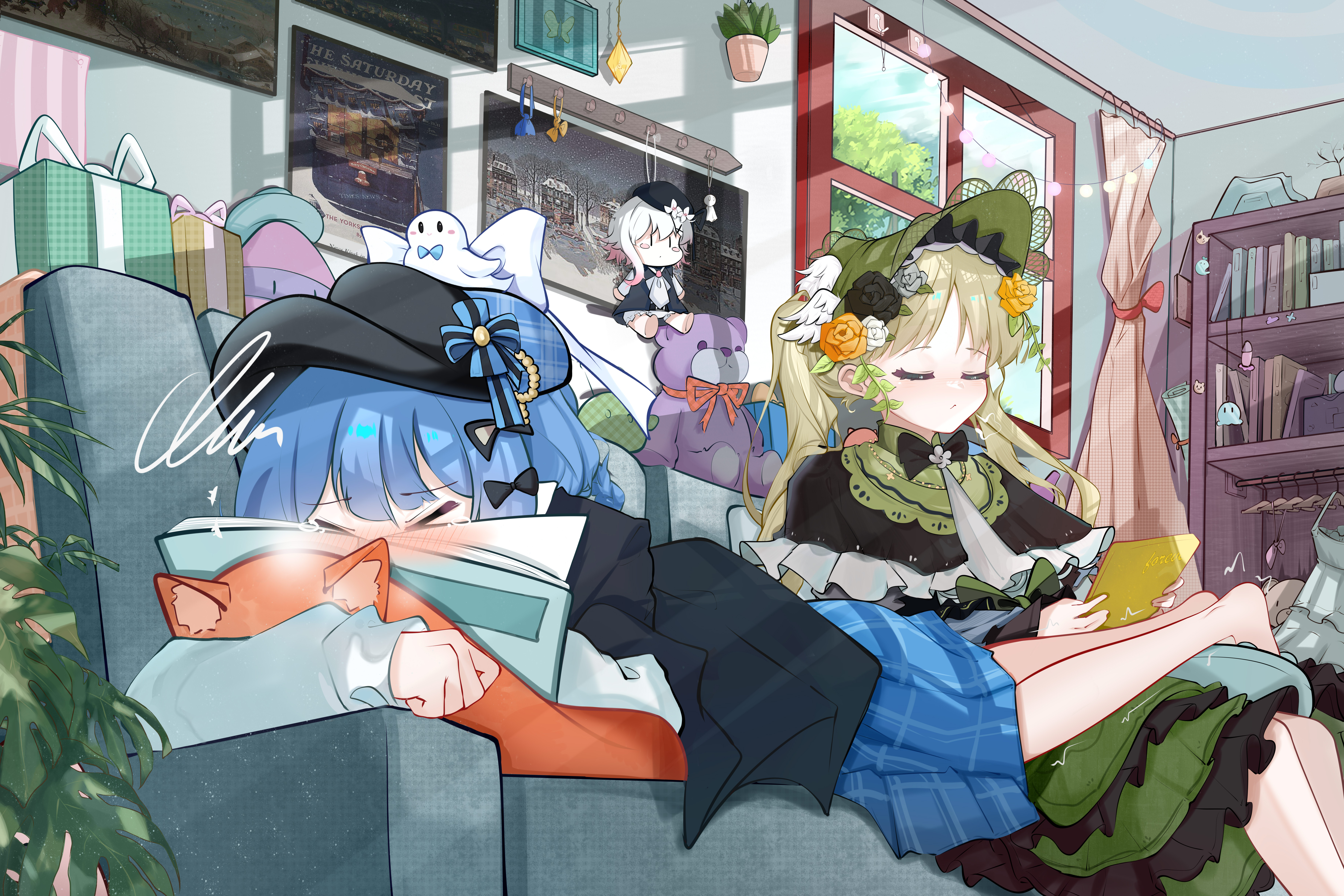 tachibana sherry, tono hanna, mahou shoujo no majo saiban, absurdres, commentary request, highres, 2girls, absurdly detailed composition, banbanban li, barefoot, black capelet, black hat, blue hair, blush, bookshelf, box, calendar (object), capelet, checkered clothes, checkered skirt, dress, frilled dress, frills, full-face blush, full body, gift, gift box, green hair, green hat, hair between eyes, hat, loaded interior, long hair, lying, medium hair, multiple girls, on stomach, plant, poster (object), potted plant, skirt, stuffed animal, stuffed cat, stuffed toy, teddy bear, twintails, victorian, window, yuri