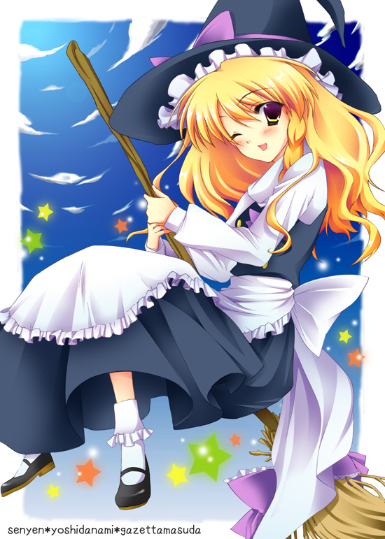 senyen, kirisame marisa, touhou, 1girl, blonde hair, braid, broom, female focus, hat, long hair, solo, witch, witch hat, yellow eyes