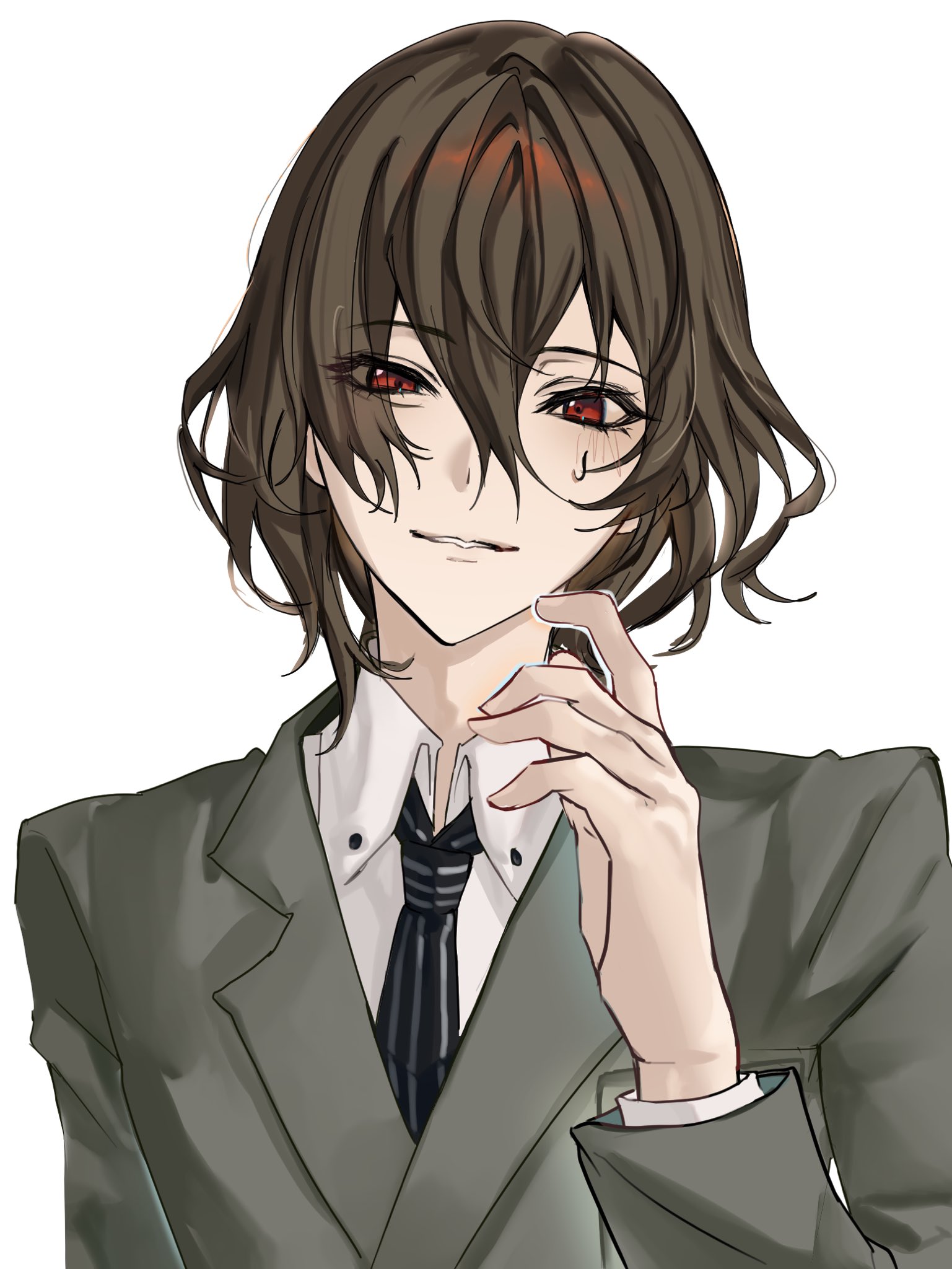 akechi gorou, persona, persona 5, highres, 1boy, adumi231, arm up, black necktie, brown hair, collared shirt, double-parted bangs, grey jacket, hair between eyes, jacket, lapels, layered sleeves, long sleeves, looking at viewer, male focus, necktie, notched lapels, parted lips, red eyes, shirt, simple background, smile, solo, striped clothes, striped necktie, uneven eyes, upper body, white background, white shirt, wing collar