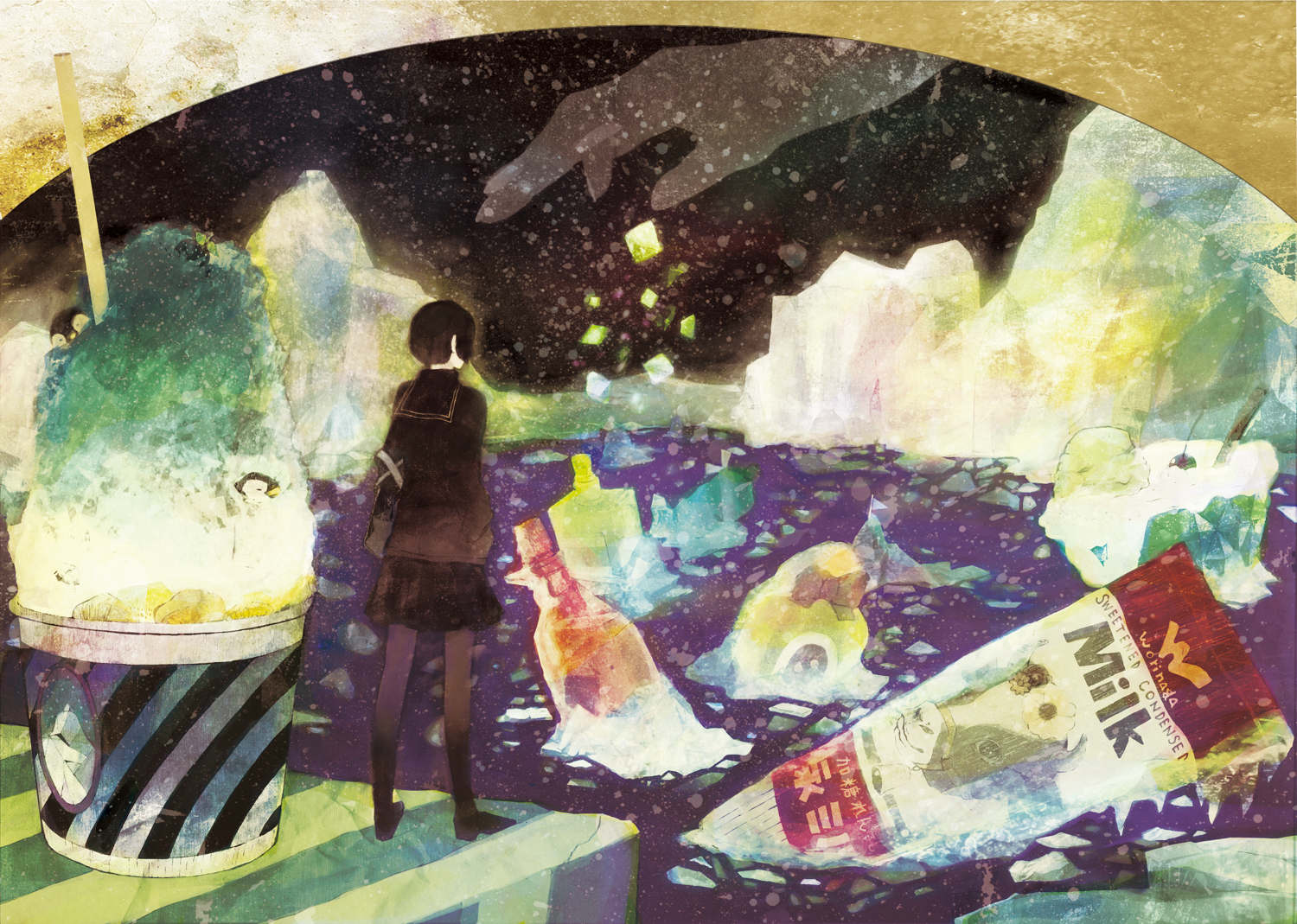 kubo (black-vinegar), original, 1girl, afloat, back, bird, black hair, bottle, cherry, cow, drinking straw, female focus, floating, food, fruit, ice, milk, mini person, minigirl, penguin, scenery, school uniform, shaved ice, solo, surreal, water