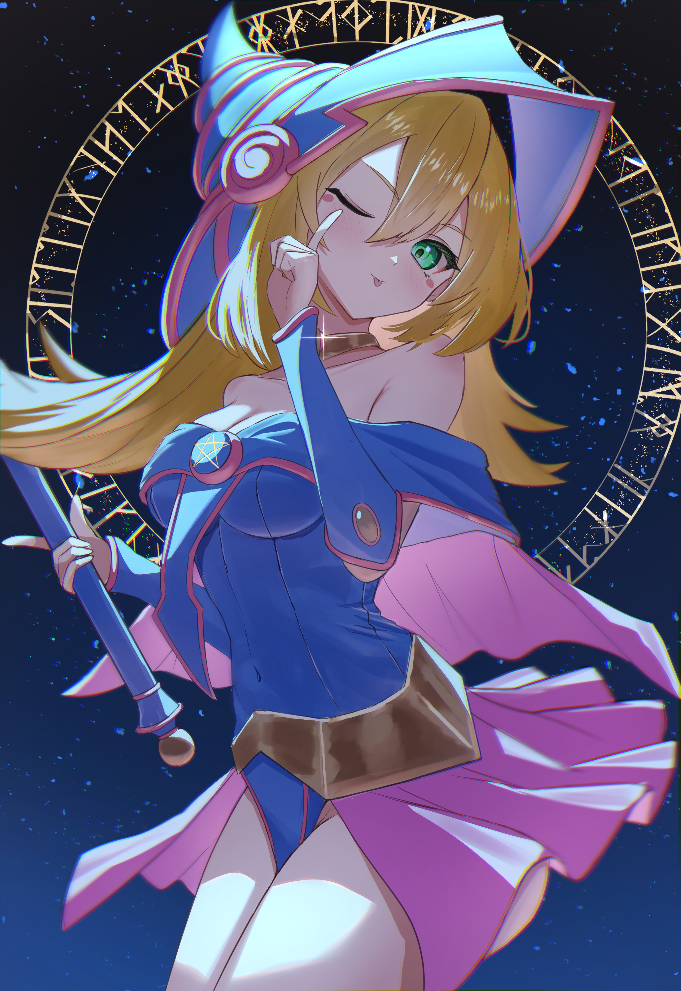 ky00, dark magician girl, yu-gi-oh!, absurdres, commentary request, highres, 1girl, ;p, bare shoulders, blonde hair, blue hat, blue leotard, blush stickers, breasts, cleavage, collarbone, cowboy shot, duel monster, green eyes, hat, holding, holding staff, leotard, long hair, looking at viewer, one eye closed, sky, smile, solo, staff, star (sky), starry sky, thighs, tongue, tongue out, very long hair, wizard hat
