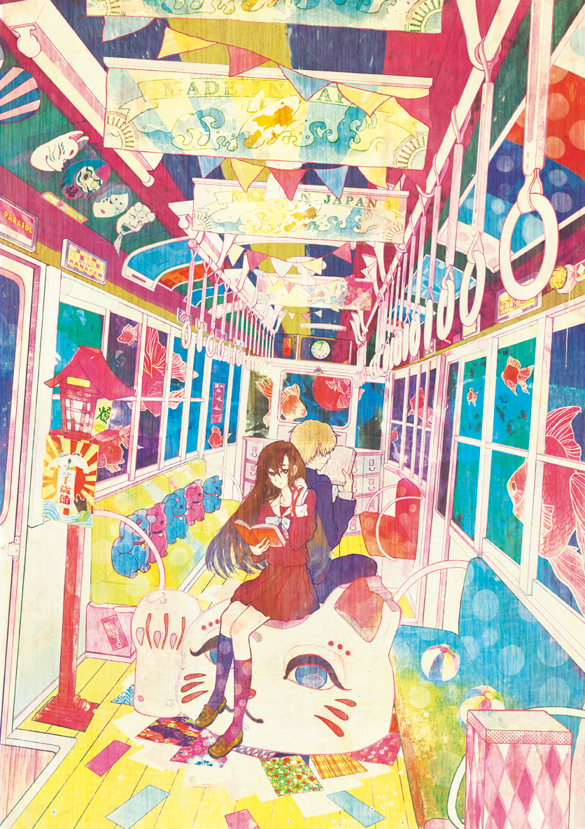 kubo (black-vinegar), original, 1boy, 1girl, back-to-back, banner, blonde hair, book, brown hair, cat, clock, colorful, fish, long hair, maneki-neko, mask, open book, reading, school uniform, serafuku, sitting, train, train interior, vanishing point