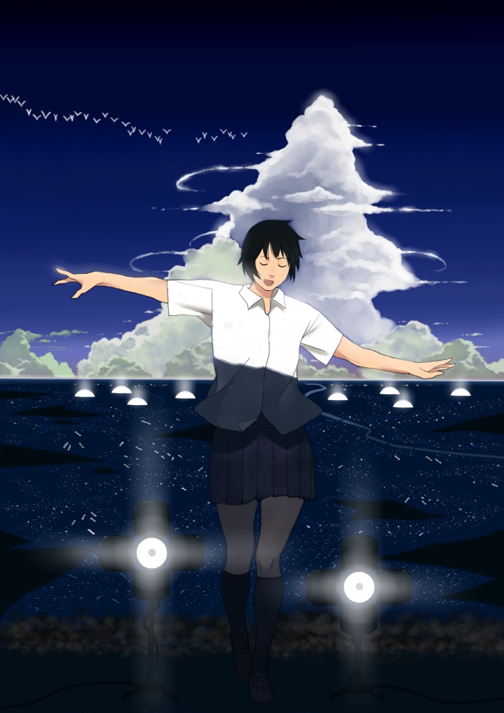 shiira, original, lights, bad id, bad pixiv id, 1girl, bird, black hair, closed eyes, cloud, female focus, kneehighs, outdoors, scenery, short hair, sky, socks, solo, water