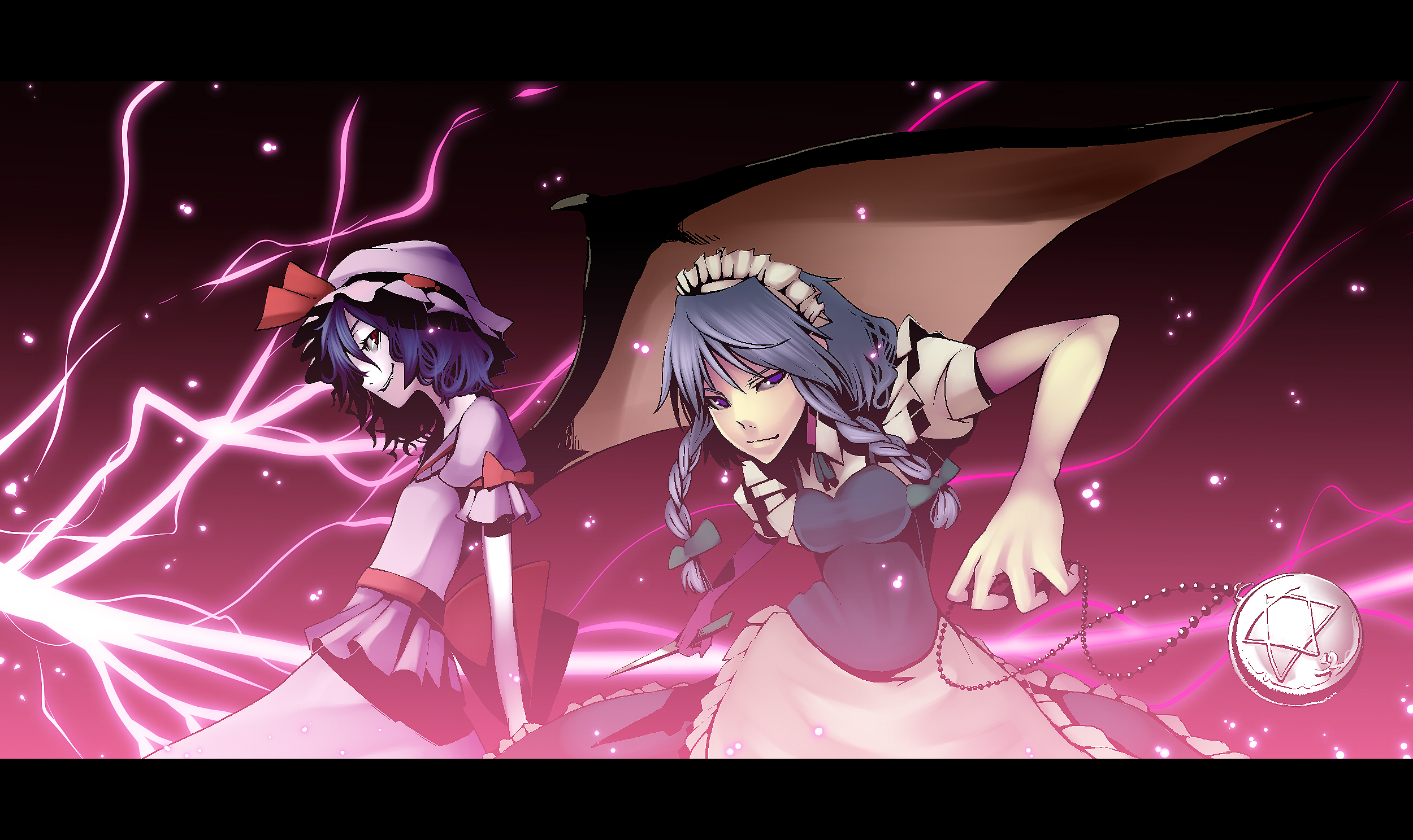 kakei, izayoi sakuya, remilia scarlet, touhou, silver hair, bad id, bad pixiv id, highres, 2girls, bat wings, blue eyes, braid, female focus, hat, letterboxed, maid, multiple girls, pocket watch, red eyes, short hair, twin braids, watch, wings