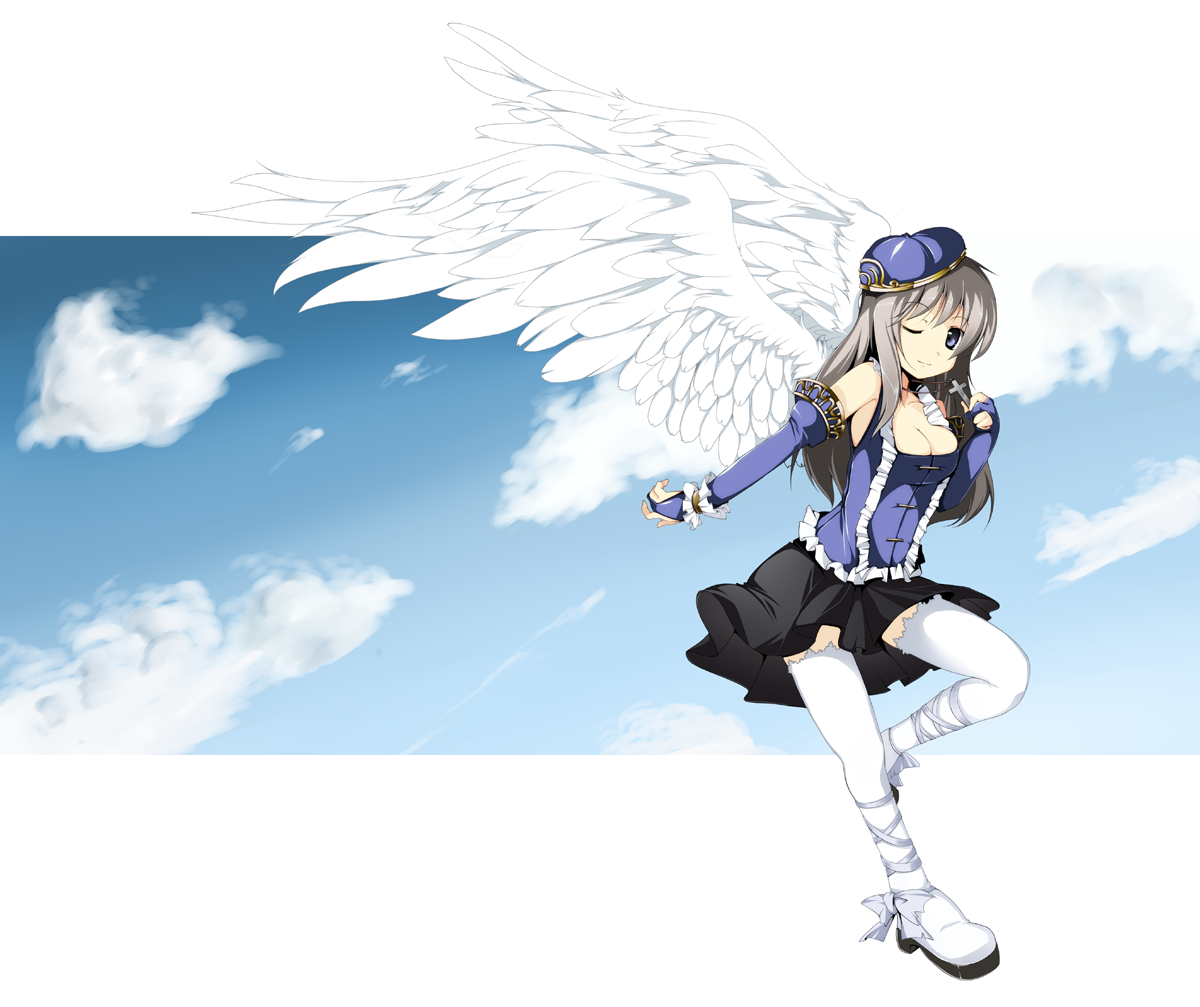 fujy, original, 1girl, breasts, cross, elbow gloves, female focus, gloves, hat, jewelry, long hair, medium breasts, necklace, one eye closed, skirt, smile, solo, thighhighs, wings, wink