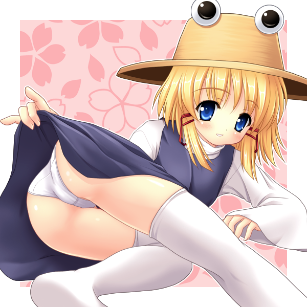 yamasan, moriya suwako, touhou, 1girl, blonde hair, blue eyes, blush, bow, clothes lift, female focus, hair bow, hat, lying, panties, petals, short hair, skirt, skirt lift, smile, solo, thighhighs, underwear, upskirt, white panties, white thighhighs, wide sleeves