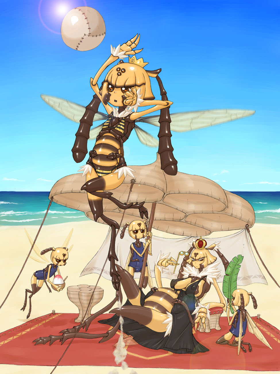 jon henry nam, highres, 5girls, arthropod girl, ball, beach, bee girl, bikini, breasts, crown, day, extra arms, food, insect girl, large breasts, lens flare, monster girl, mother and daughter, multiple girls, one-piece swimsuit, outdoors, parasol, princess, queen, school swimsuit, shaved ice, swimsuit, umbrella, volleyball, volleyball (object), wings