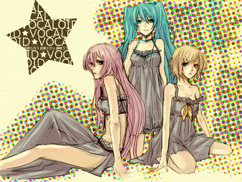 monzuki, hatsune miku, kagamine rin, megurine luka, vocaloid, blonde hair, blue eyes, dress, long hair, midriff, pink hair, short hair, smile, twintails