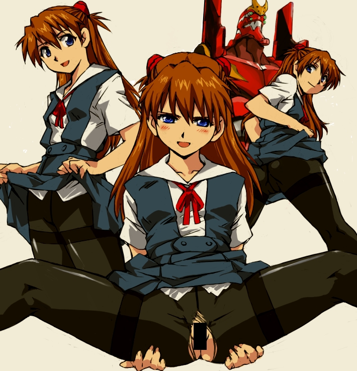 kamisimo 90, eva 02, souryuu asuka langley, neon genesis evangelion, rebuild of evangelion, torn legwear, 00s, 1girl, black pantyhose, blue eyes, blush, censored, clothes lift, crotch seam, looking at viewer, multiple views, no panties, orange hair, pantyhose, school uniform, skirt, skirt lift, smile, spread legs, thighband pantyhose, torn clothes