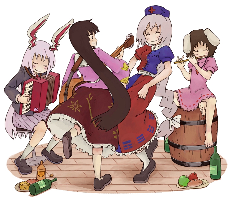 kishiinu, houraisan kaguya, inaba tewi, reisen udongein inaba, yagokoro eirin, touhou, 4girls, accordion, acoustic guitar, alcohol, animal ears, barrel, dancing, dress, female focus, flute, food, guitar, instrument, multiple girls, music, playing flute, playing instrument, rabbit ears, trigram, two-tone dress, wine