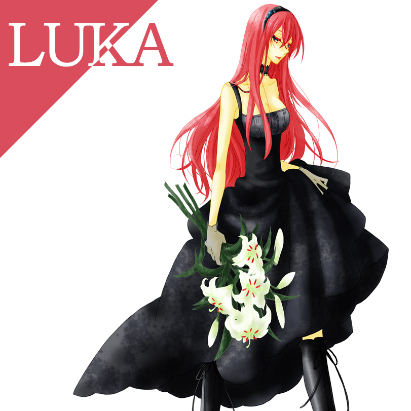 haruma (high drop), megurine luka, vocaloid, bad id, bad pixiv id, choker, dress, flower, gloves, headband, long hair, pink hair, thighhighs