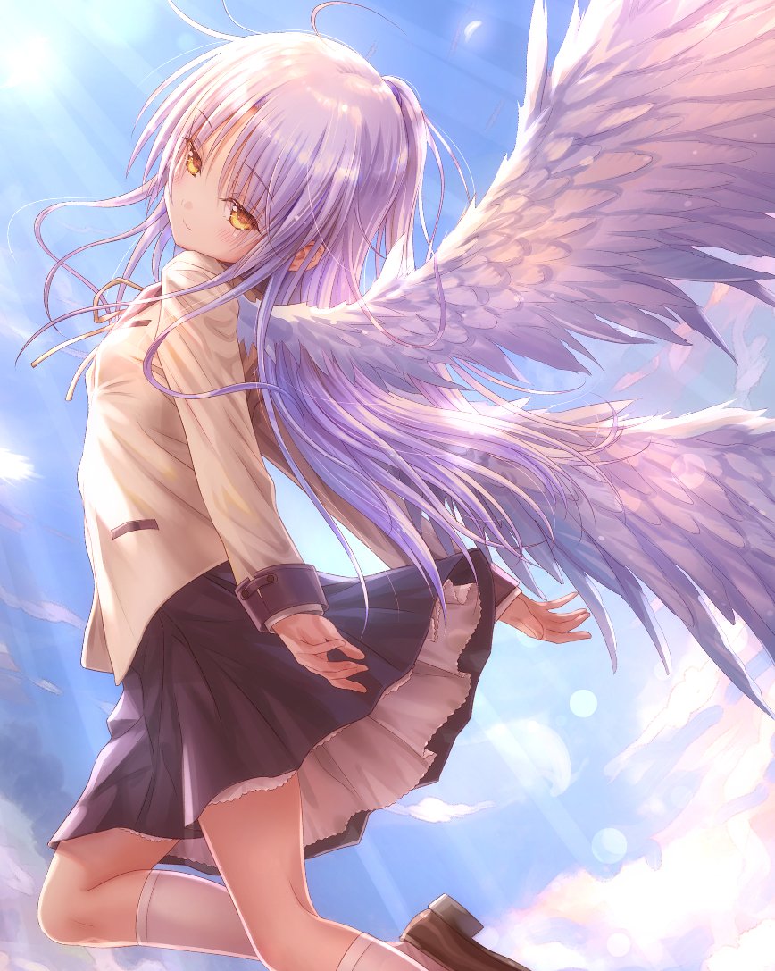 goto p, tachibana kanade, angel beats!, commentary request, 1girl, angel, angel wings, black skirt, blazer, blue sky, brown shoes, cloud, day, feathers, feet out of frame, half updo, jacket, loafers, long hair, long sleeves, looking at viewer, outdoors, pleated skirt, school uniform, shoes, skirt, sky, smile, socks, solo, sun, sunlight, upskirt, white hair, white jacket, white socks, wings, yellow eyes, yellow jacket