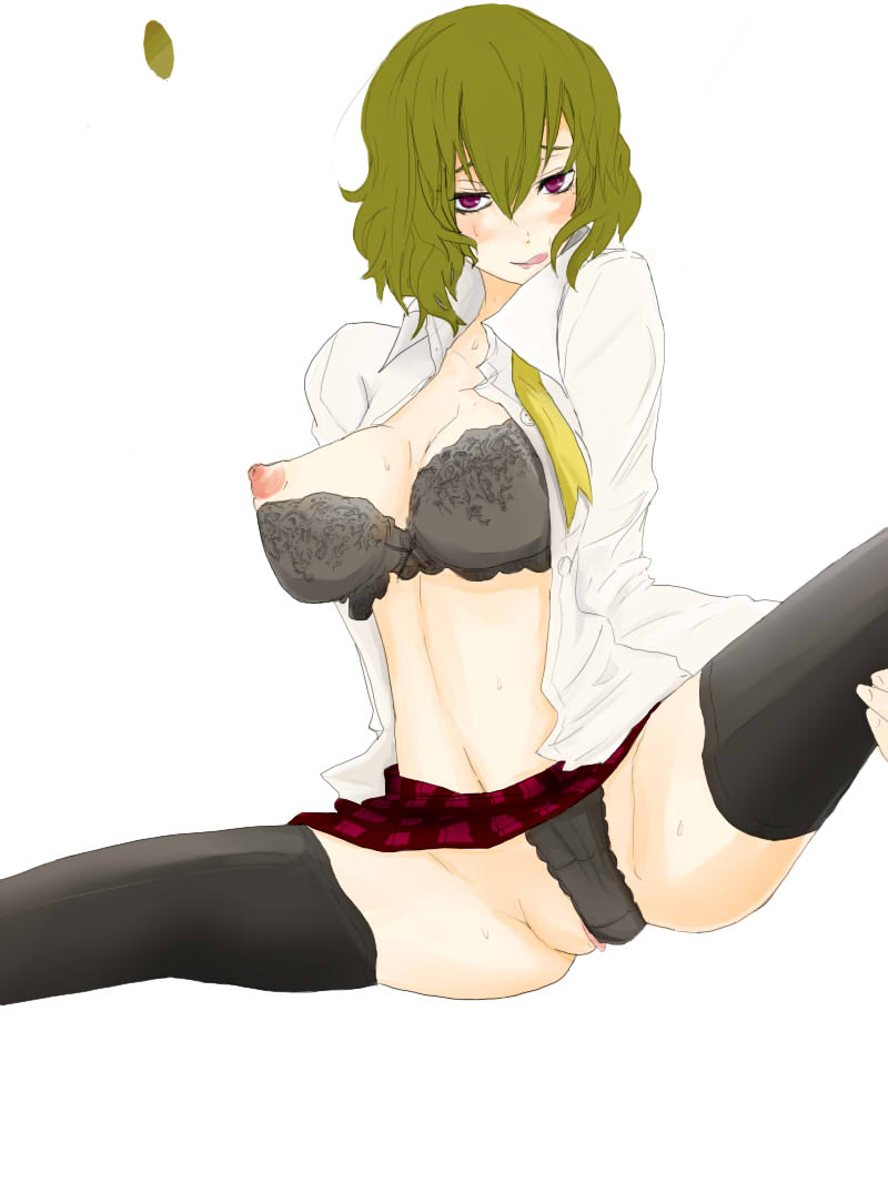 kazami yuuka, touhou, bad id, bad pixiv id, 1girl, black panties, blush, bra, breasts, clothing aside, covered erect nipples, female focus, green hair, large breasts, lingerie, nipples, open clothes, open shirt, panties, panties aside, perky breasts, plaid clothes, plaid skirt, pussy, red eyes, shirt, short hair, skirt, solo, tongue, underwear