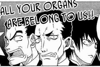 hayate no gotoku!, lowres, 00s, 3boys, all your base are belong to us (meme), english text, engrish text, greyscale, male focus, meme, monochrome, multiple boys, ranguage, yakuza