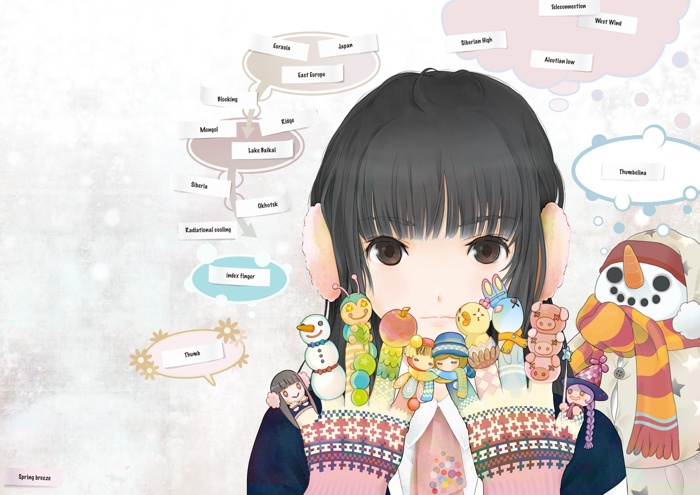 saiguchi otoufu, + +, 1girl, apple, black hair, blunt bangs, bow, braid, brown eyes, earmuffs, female focus, finger puppet, food, fruit, gloves, hair ornament, hairclip, hat, long hair, necktie, pig, puppet, rabbit, ribbon, scarf, short hair, snowman, solo, witch hat, x x