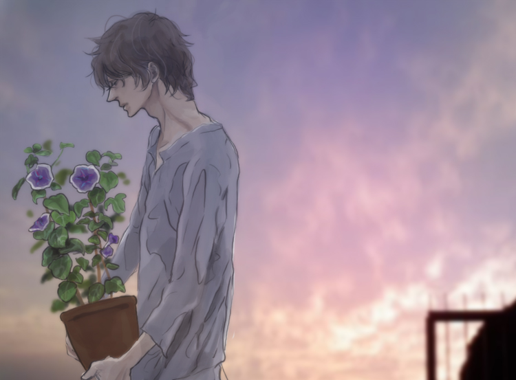 komatsu (lyjji), jinnouchi wabisuke, summer wars, bad id, bad pixiv id, 00s, 1boy, black hair, blurry, depth of field, flower, flower pot, from side, holding, holding flower pot, male focus, messy hair, morning glory, plant, potted plant, profile, short hair, solo