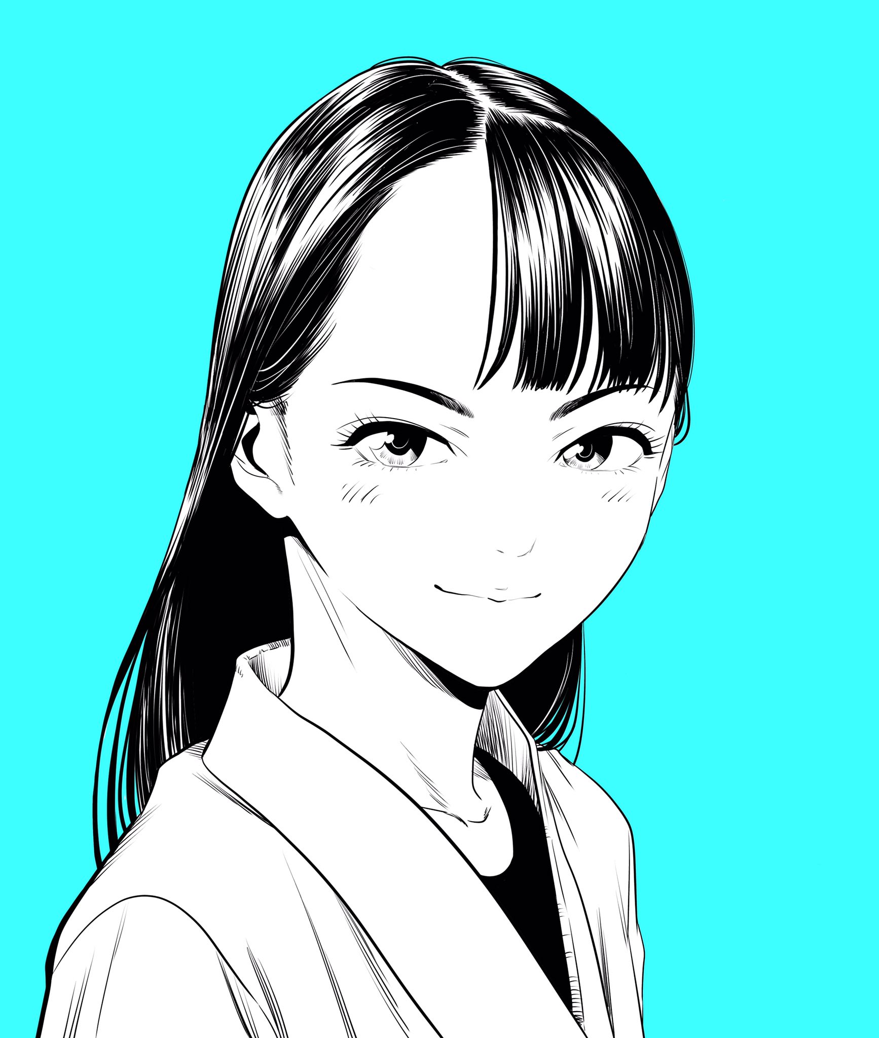 lee (dragon garou), original, commentary request, highres, 1girl, aqua background, asymmetrical bangs, dougi, eyelashes, greyscale with colored background, karate gi, long hair, looking at viewer, portrait, profile, smile, solo