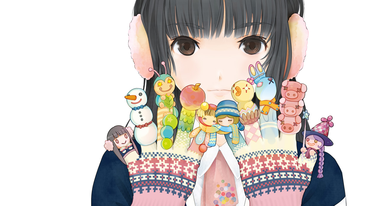 saiguchi otoufu, + +, 1girl, apple, black hair, blunt bangs, bow, braid, brown eyes, earmuffs, female focus, finger puppet, food, fruit, gloves, hair ornament, hairclip, hat, long hair, necktie, pig, puppet, rabbit, ribbon, scarf, short hair, snowman, solo, white background, witch hat, x x
