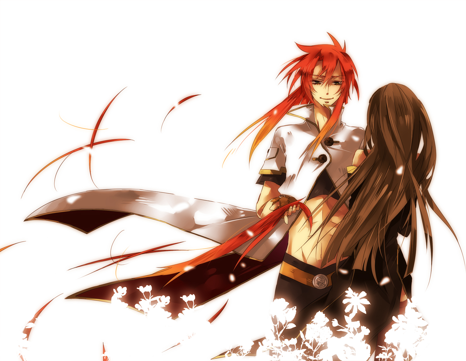 adzuma nishi, luke fon fabre, tear grants, tales of (series), tales of the abyss, 00s, 1boy, 1girl, abs, brown hair, gradient hair, long hair, multicolored hair, red hair, smile