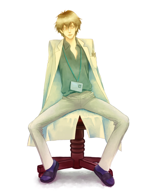 ikegami, jinnouchi wabisuke, summer wars, bad id, bad pixiv id, 00s, 1boy, blonde hair, chair, closed eyes, lab coat, long sleeves, male focus, name tag, necktie, pants, simple background, solo, spread legs, white background
