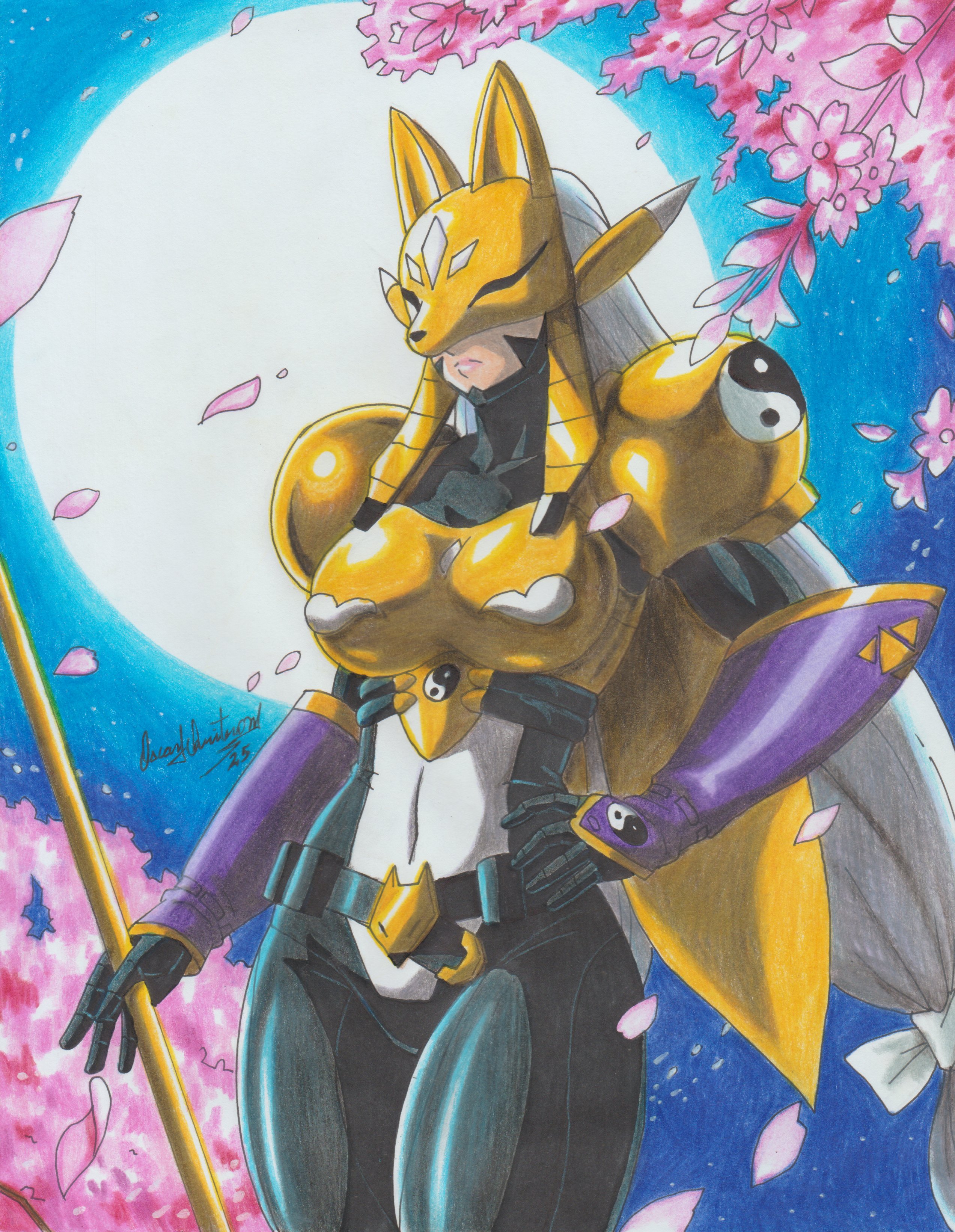 ravernclouk, sakuyamon, digimon, absurdres, colored pencil (medium), commentary, highres, traditional media, 1girl, armor, black bodysuit, bodysuit, boobplate, breastplate, breasts, cherry blossoms, covered erect nipples, cowboy shot, digimon (creature), falling petals, fox mask, frown, full moon, gold armor, grey hair, hand on own hip, holding, holding staff, large breasts, long hair, low-tied long hair, mask, moon, petals, pink lips, signature, solo, staff, tree, very long hair, yellow mask, yin yang, yin yang print