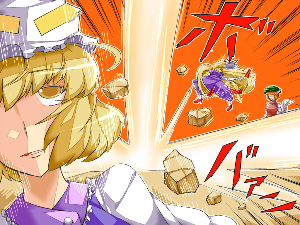 ktuyukih, chen, yakumo ran, yakumo yukari, touhou, 3girls, animal ears, blonde hair, brown eyes, brown hair, cat ears, cat girl, cat tail, dress, elbow gloves, female focus, gloves, hat, long hair, multiple girls, multiple tails, short hair, tail, yellow eyes