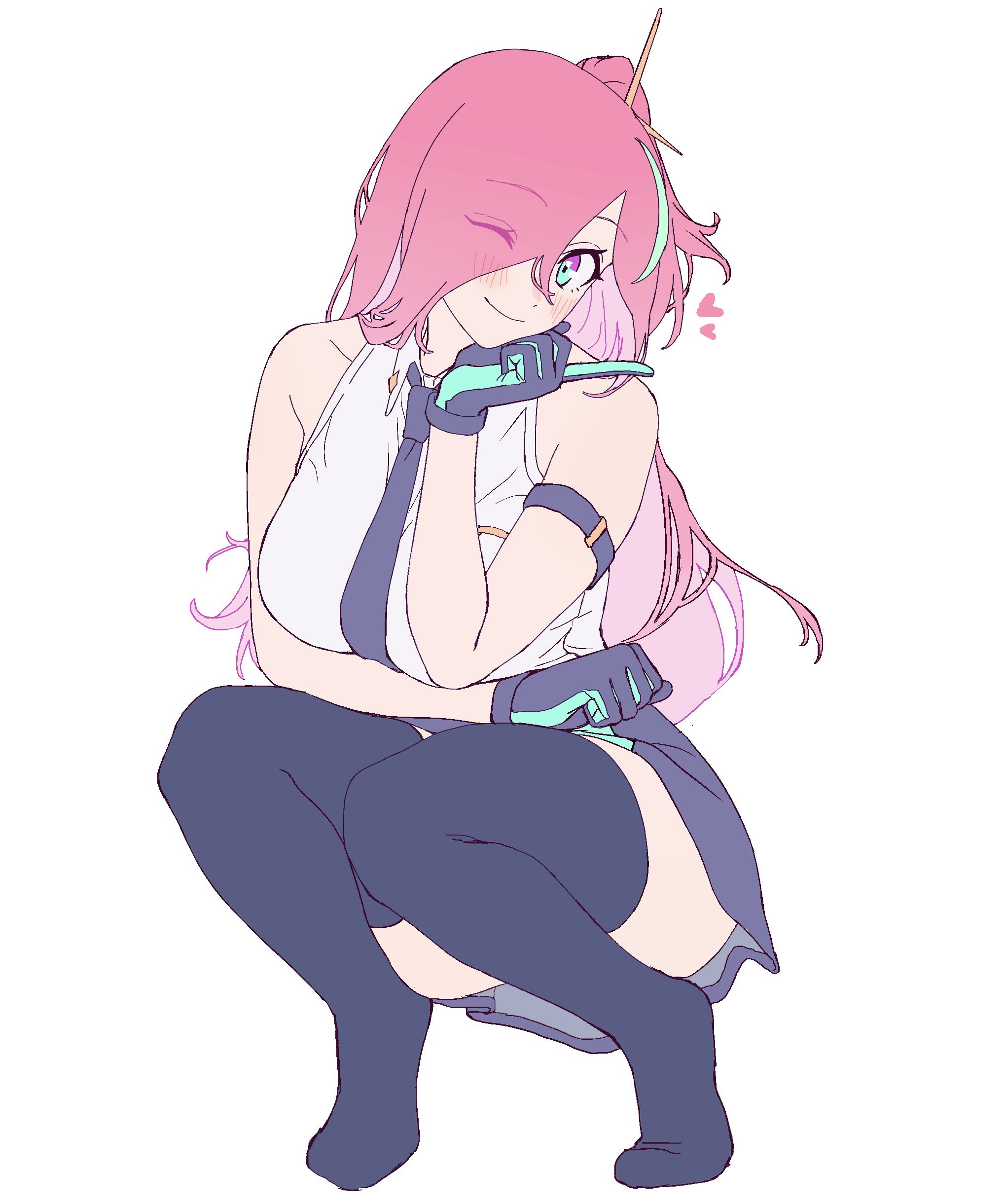 plumeriafran, fran (plumeriafran), original, absurdres, highres, 1girl, black necktie, black thighhighs, breasts, collared shirt, gloves, green eyes, green hair, hair over one eye, hand on own chin, head rest, heart, index finger raised, long hair, looking at viewer, multicolored eyes, multicolored gloves, multicolored hair, necktie, pink eyes, pink hair, shirt, simple background, sleeveless, sleeveless shirt, smile, squatting, streaked hair, thighhighs, translucent hair, two-tone gloves, white background, white shirt