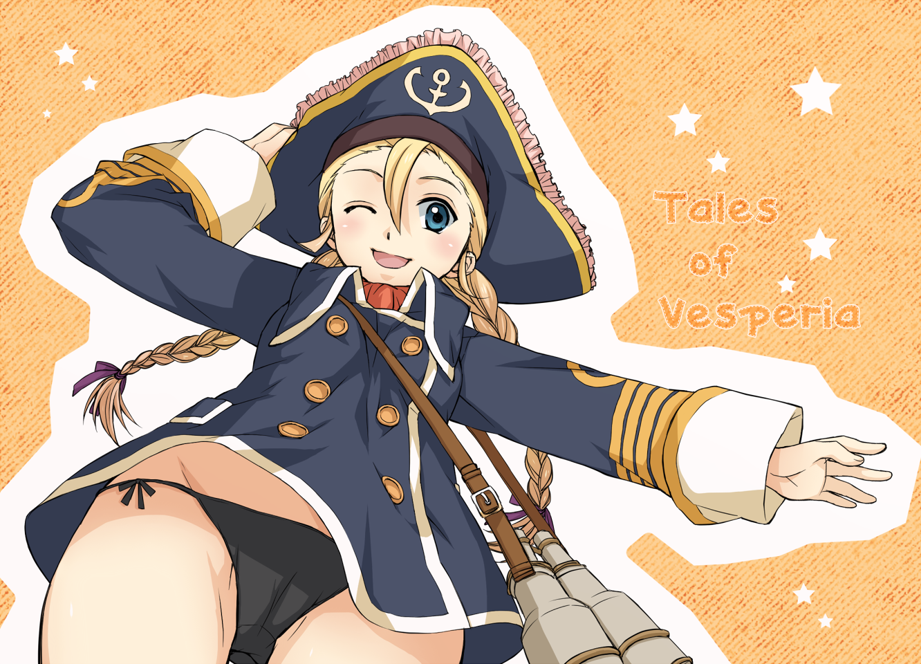 ruki, patty fleur, tales of (series), tales of vesperia, bad id, bad pixiv id, 00s, 1girl, :d, binoculars, black panties, blonde hair, blue eyes, braid, copyright name, female focus, hat, long hair, open mouth, orange background, panties, pirate, pirate hat, side-tie panties, smile, solo, twin braids, underwear, very long hair