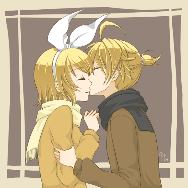 kagamine len, kagamine rin, vocaloid, 1boy, 1girl, blonde hair, brother and sister, closed eyes, couple, hair ribbon, hetero, incest, kiss, ribbon, scarf, short hair, siblings, twincest, twins