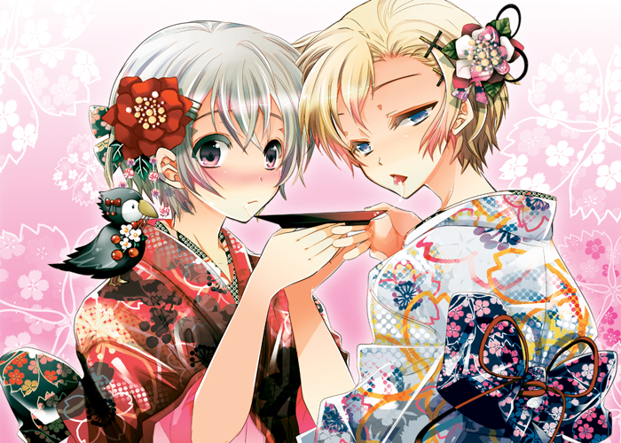 tachibanaei, iceland (hetalia), norway (hetalia), axis powers hetalia, bad id, bad pixiv id, 00s, 2boys, 2girls, androgynous, bird, blonde hair, blue eyes, bow, crossdressing, flower, hair flower, hair ornament, japanese clothes, kimono, multiple boys, multiple girls, short hair, trap, white hair, yukata