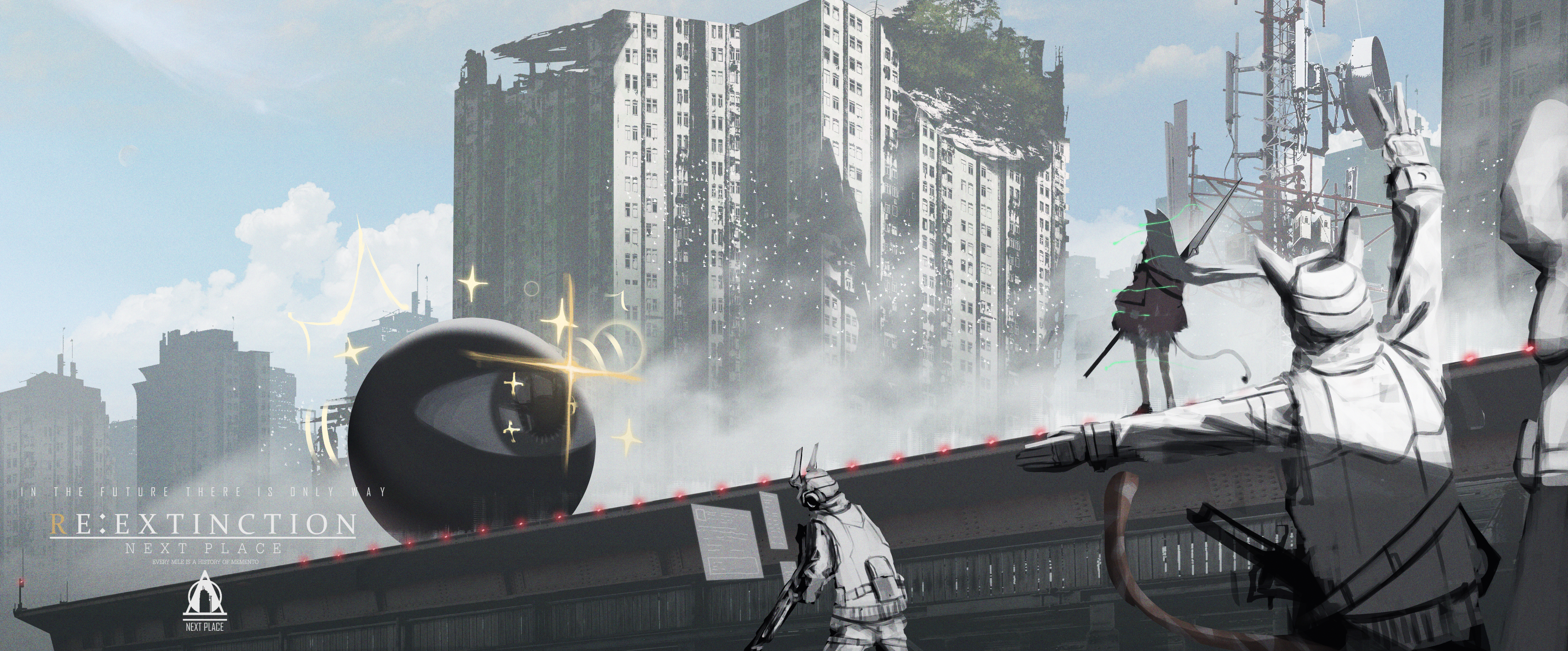 prezonya46, original, absurdres, commentary, english commentary, highres, 1girl, 2others, ambiguous gender, animal ears, blue sky, building, cityscape, cloud, copyright name, day, eyeball, floating hair, gun, holding, holding gun, holding weapon, jacket, long hair, long sleeves, multiple others, outdoors, re:extinction, scenery, sky, skyscraper, sparkle, standing, sword, tail, weapon, white hair, white jacket