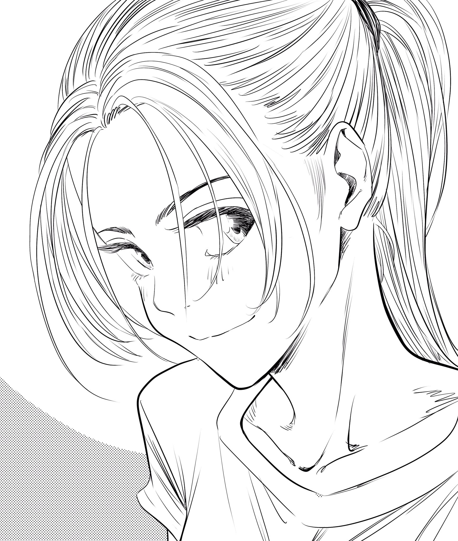 lee (dragon garou), original, commentary request, highres, 1girl, collarbone, greyscale, hair tie, long bangs, long hair, monochrome, ponytail, portrait, profile, shirt, sideways glance, smile, solo, t-shirt