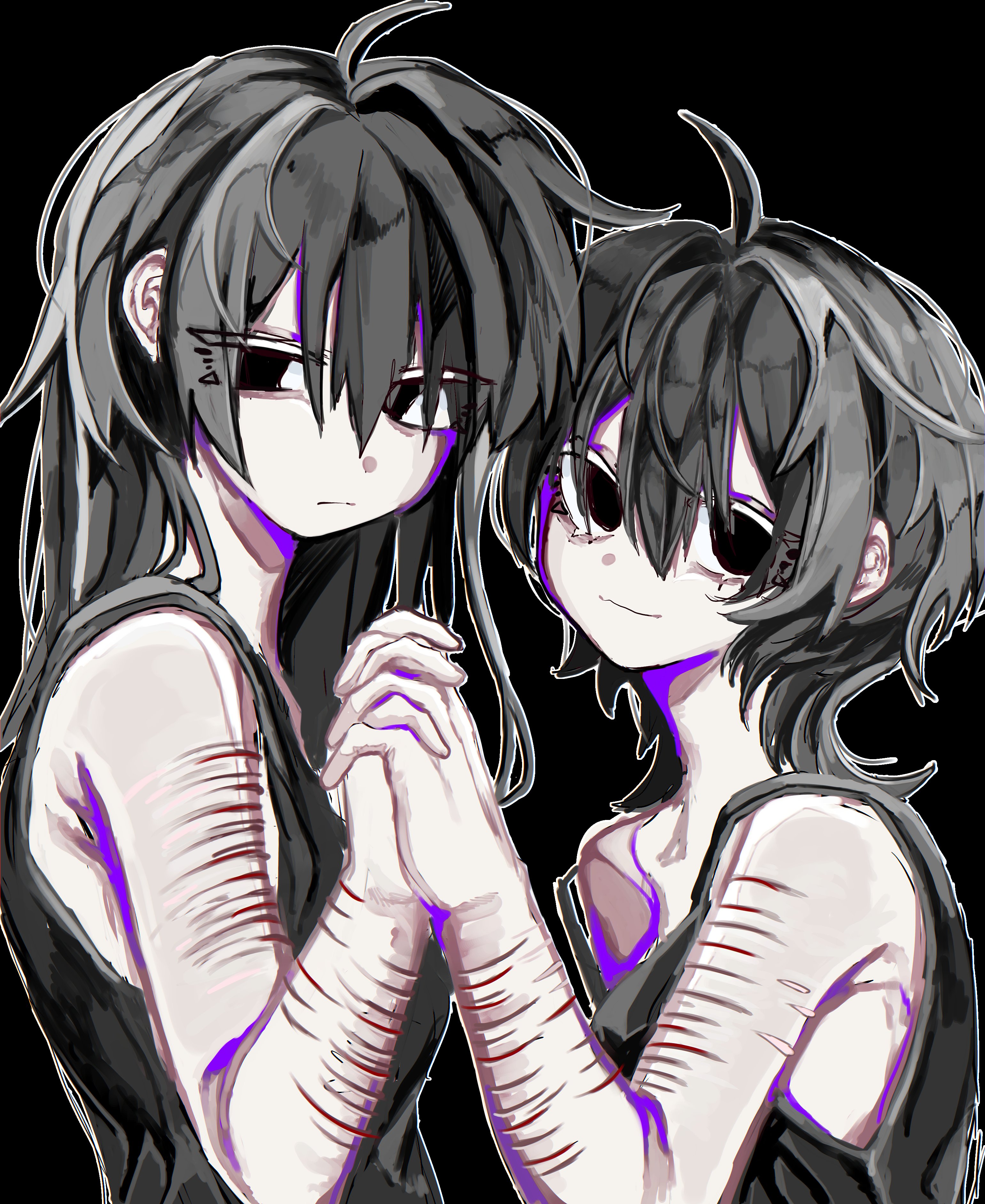 n neko mizu, original, absurdres, hashtag-only commentary, highres, 1boy, 1girl, :|, ahoge, black hair, black tank top, closed mouth, from side, holding hands, jitome, long hair, long sidelocks, looking at viewer, matching outfits, self-harm, sidelocks, smile, tank top, upper body, wolf cut, wrist cutting