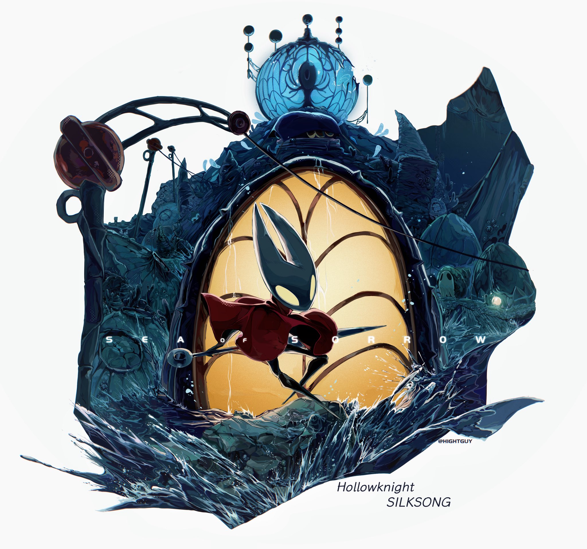 hightguy, hornet (hollow knight), hollow knight, hollow knight: silksong, commentary, english commentary, highres, 1girl, artist name, backlighting, ben-day dots, cloak, copyright name, english text, holding, holding behind back, holding weapon, holding weapon behind back, hollow knight: silksong – sea of sorrow, horns, needle (hollow knight), red cloak, screentones, water, weapon, white background, window, window light