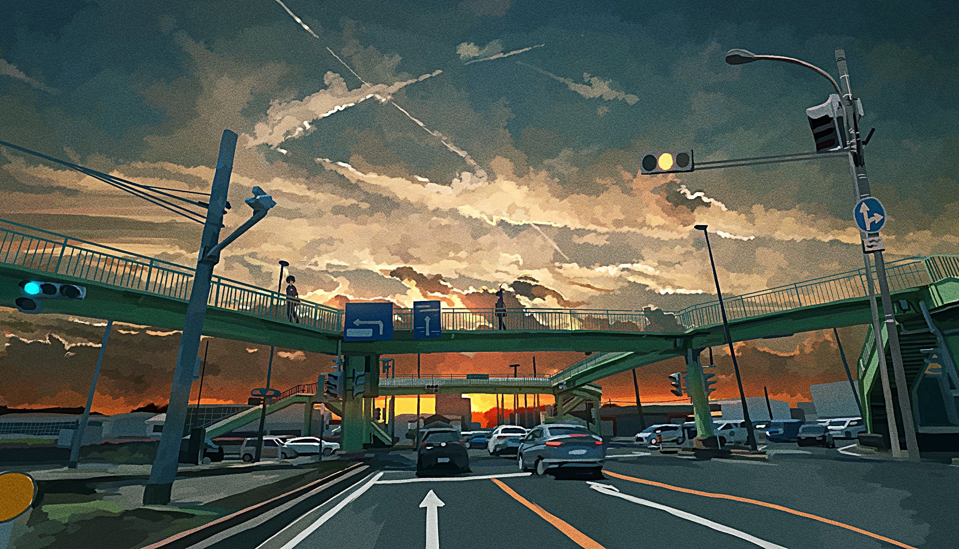 banakotakemaru, original, commentary request, highres, arrow (symbol), bridge, car, cloud, cloudy sky, evening, film grain, lamppost, motor vehicle, outdoors, pedestrian bridge, people, road, road sign, scenery, sign, sky, street, traffic, traffic light