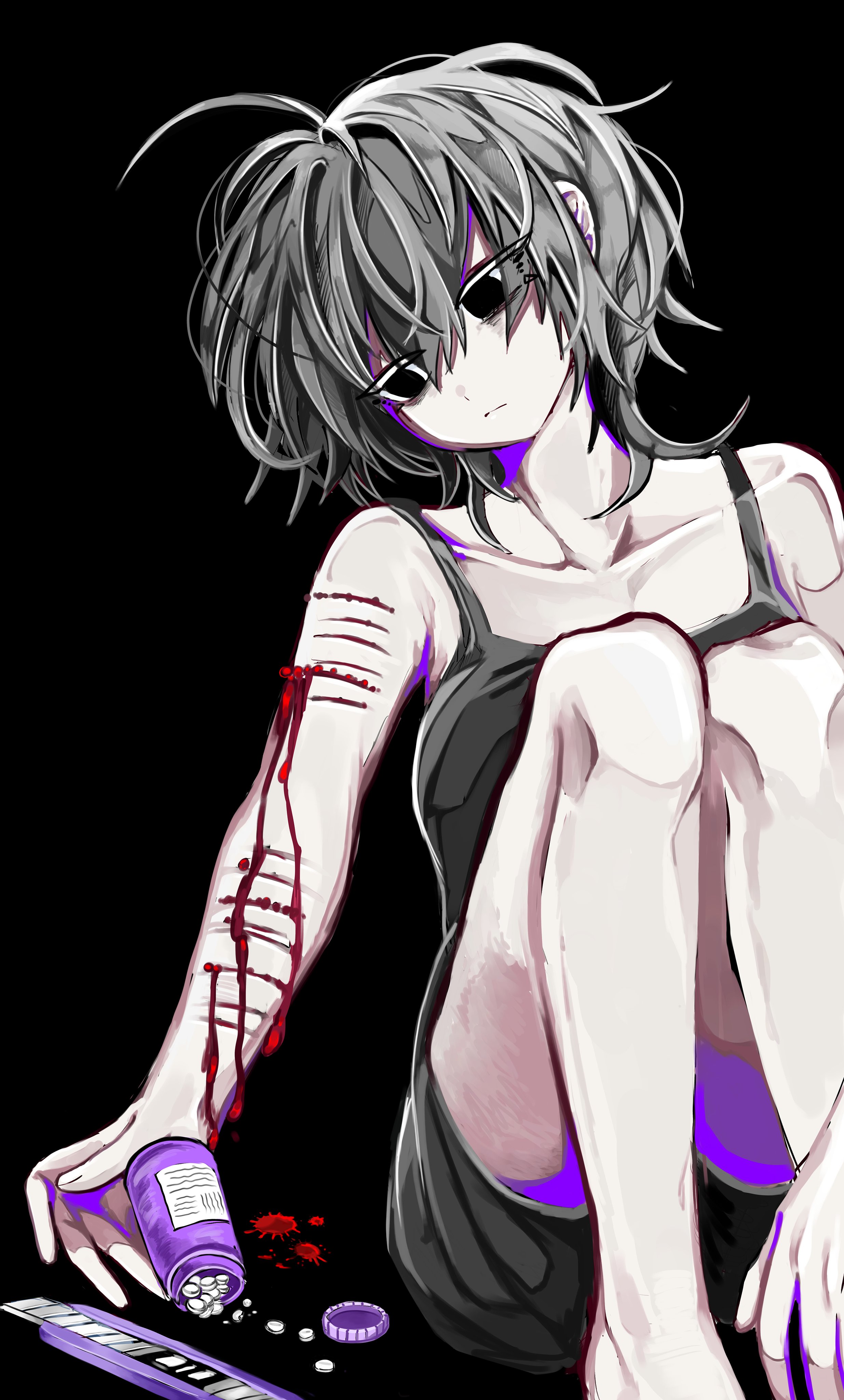 n neko mizu, original, absurdres, commentary, highres, symbol-only commentary, 1girl, barefoot, black eyes, black shorts, black tank top, bleeding, blood, boxcutter, drugs, full body, head tilt, knees up, light frown, looking to the side, overdose, pill bottle, scar, scar on leg, self-harm, shorts, tank top, thigh cutting, wolf cut, wrist cutting