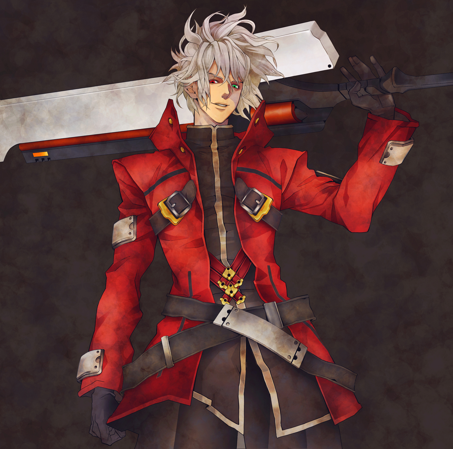 evicom, evivi, ragna the bloodedge, arc system works, blazblue, bad id, bad pixiv id, highres, 1boy, belt, gloves, green eyes, grey hair, heterochromia, japanese clothes, male focus, red eyes, smile, solo, sword, weapon, white hair