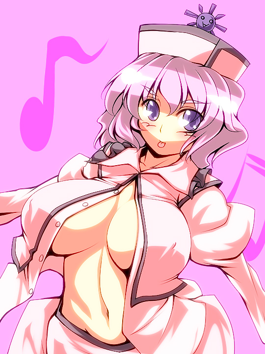 tro (trombe), merlin prismriver, touhou, bad id, bad pixiv id, 1girl, :p, breasts, cleavage, female focus, hat, large breasts, musical note, navel, open clothes, open shirt, pink background, pink hair, purple eyes, shirt, simple background, solo, tongue, tongue out, wavy hair
