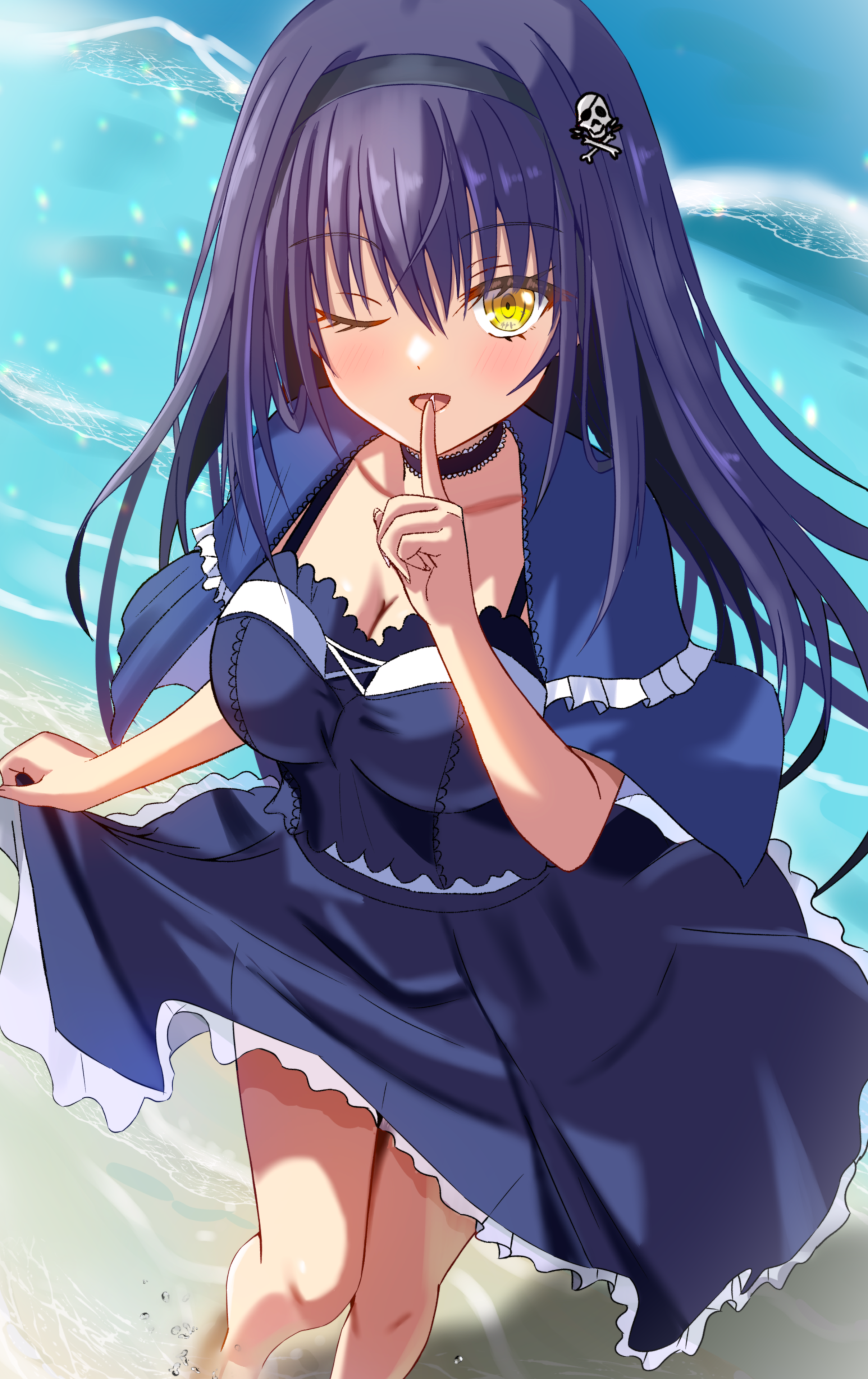 sakuratoru, kushima kamome, summer pockets, absurdres, commentary request, highres, 1girl, ;d, black camisole, black choker, black hair, black hairband, black skirt, blue capelet, blush, bone hair ornament, breasts, camisole, capelet, choker, cleavage, collarbone, day, eyelashes, eyes visible through hair, feet out of frame, foreshortening, frilled camisole, frilled capelet, frilled choker, frilled skirt, frills, hair between eyes, hair ornament, hairband, hand up, index finger raised, large breasts, long hair, looking at viewer, ocean, one eye closed, open mouth, outdoors, skirt, skirt hold, skull and crossbones, skull hair ornament, smile, soaking feet, solo, standing, straight hair, tsurime, very long hair, yellow eyes