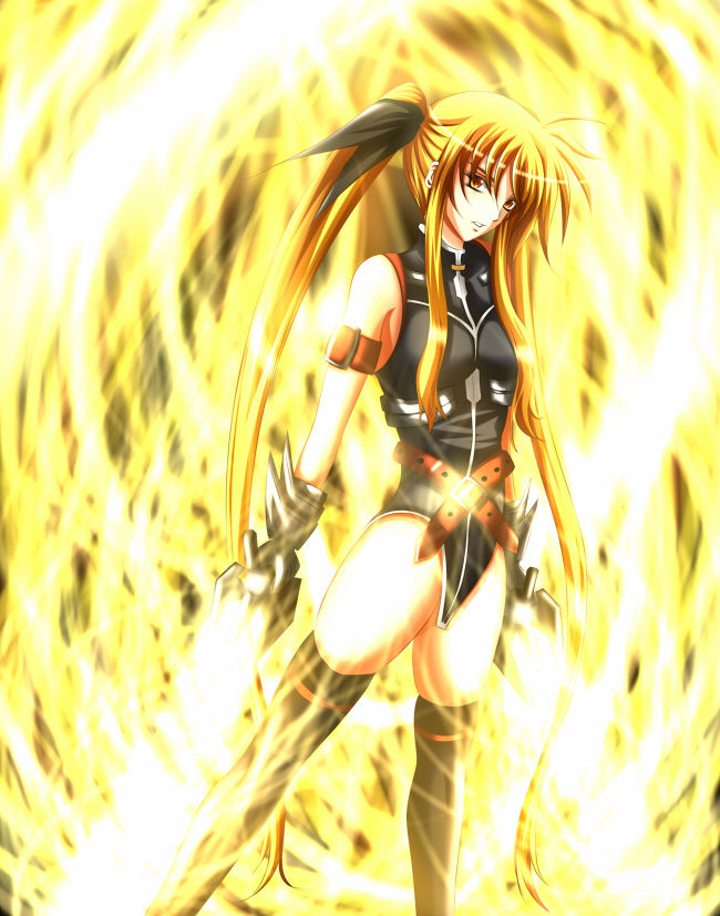 kisaragi ivi17, bardiche (nanoha), bardiche (riot zanber stinger) (nanoha), fate testarossa, fate testarossa (true sonic form), lyrical nanoha, mahou shoujo lyrical nanoha, mahou shoujo lyrical nanoha a's, mahou shoujo lyrical nanoha strikers, commentary request, revision, 1girl, black gloves, black leotard, blonde hair, energy sword, gloves, leotard, long hair, looking at viewer, magic, parted lips, red eyes, solo, standing, sword, teeth, thighhighs, twintails, weapon, yellow background, yellow eyes