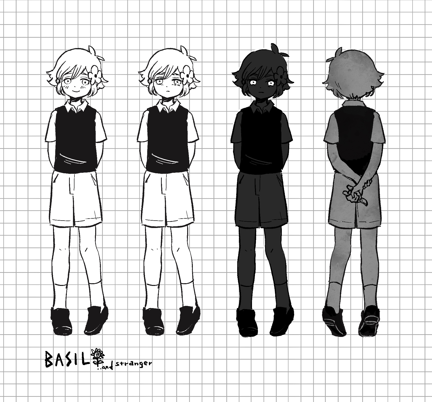 basil (faraway) (omori), basil (omori), stranger (omori), omori, commentary request, highres, 2boys, antenna hair, arms behind back, blush, character name, closed mouth, collared shirt, double-parted bangs, dual persona, flower, gardening shears, greyscale, hair between eyes, hair flower, hair ornament, looking at viewer, male focus, monochrome, multiple boys, panyanonidaime, shirt, shoes, short sleeves, shorts, sidelocks, smile, socks, sweater vest