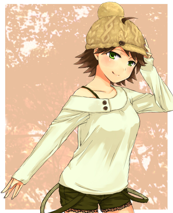 himetsuba, awakened miki, hoshii miki, idolmaster, idolmaster (classic), md5 mismatch, resolution mismatch, source smaller, 00s, 1girl, ahoge, bare shoulders, blush, breasts, brown hair, casual, female focus, fingernails, green eyes, hat, medium breasts, nail (hardware), short hair, smile, solo, winter cap