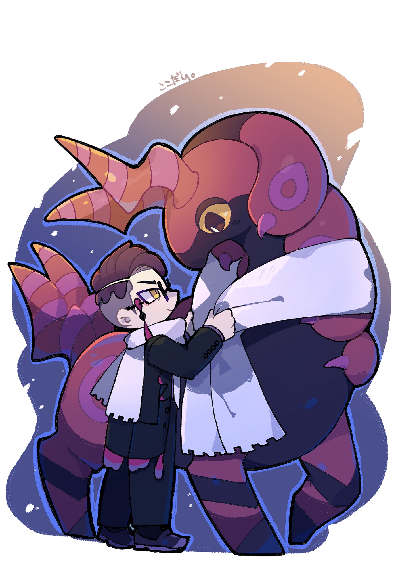 kokodari, corbeau (pokemon), scolipede, nintendo, pokemon, pokemon legends: z-a, highres, 1boy, antennae, black coat, black pants, bug, closed mouth, coat, colored sclera, gen 5 pokemon, glasses, layered sleeves, long sleeves, male focus, necktie, pants, parted hair, pokemon (creature), purple hair, purple shirt, round eyewear, scarf, shirt, shoes, short hair, slit pupils, smile, standing, tassel, white background, white necktie, white scarf, yellow eyes, yellow sclera