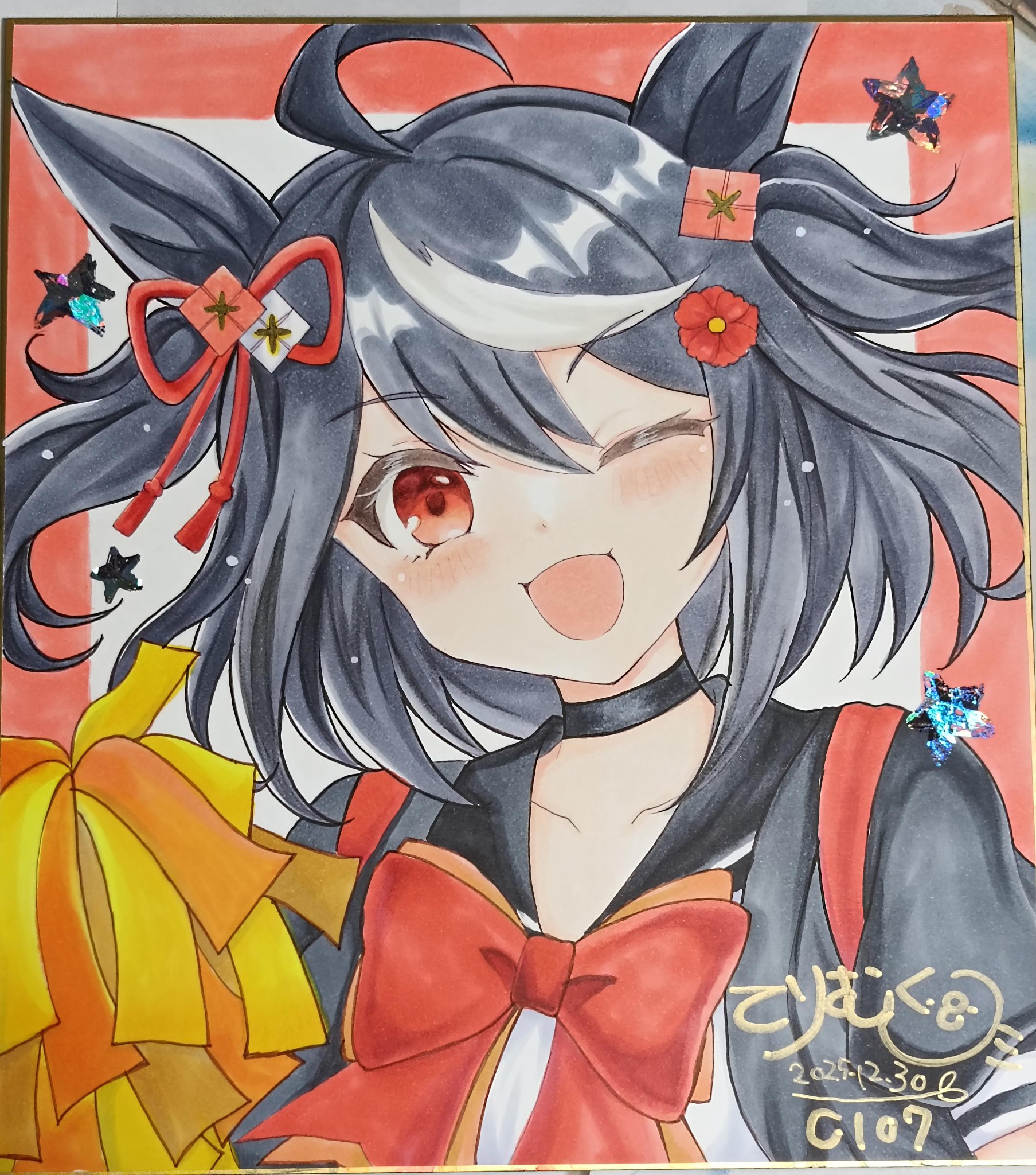 terimuku, kitasan black (umamusume), umamusume, commentary request, highres, photo (medium), traditional media, 1girl, ;d, ahoge, animal ears, black choker, black hair, black jacket, black sailor collar, choker, collarbone, dated, horse ears, jacket, looking at viewer, multicolored hair, one eye closed, open clothes, open jacket, open mouth, pom pom (cheerleading), puffy short sleeves, puffy sleeves, red eyes, sailor collar, shikishi, shirt, short sleeves, signature, smile, solo, star (symbol), streaked hair, two side up, upper body, white hair, white shirt