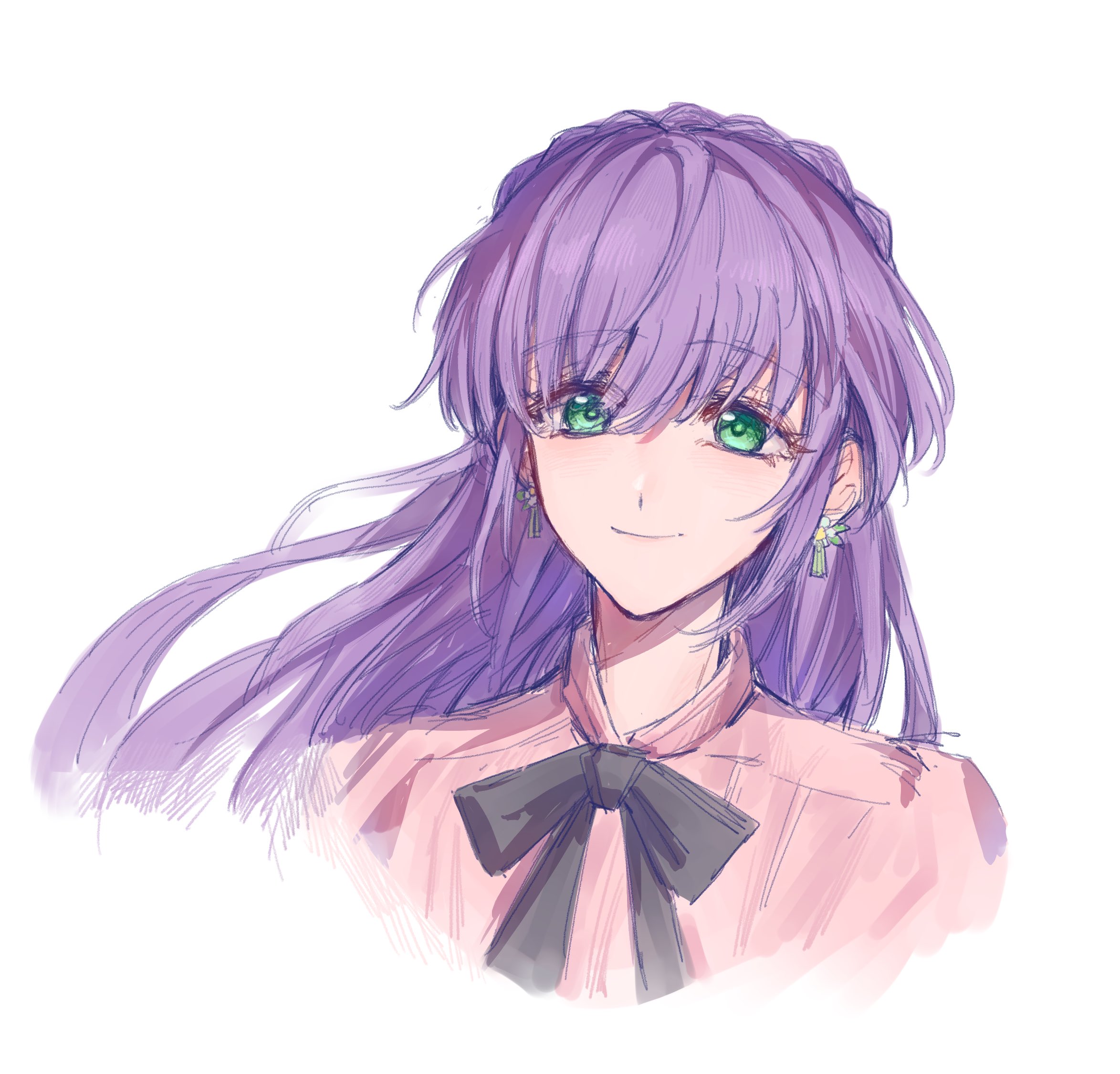 yrxy settingsun, otomune kozue, otomune kozue (post-graduation), link! like! love live!, love live!, commentary, highres, symbol-only commentary, 1girl, black bow, black bowtie, bow, bowtie, braid, closed mouth, cropped shoulders, crown braid, earrings, flower earrings, green eyes, hair between eyes, jewelry, long hair, looking at viewer, pink shirt, portrait, purple hair, shirt, sidelocks, smile, solo, virtual youtuber