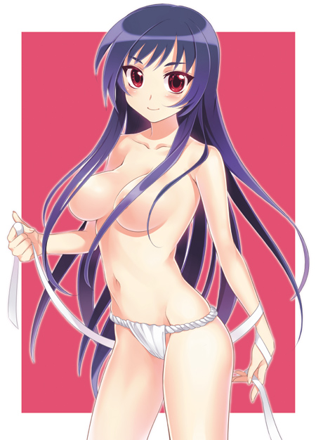 kayou (kayou-bi), original, 1girl, blue hair, breasts, female focus, fundoshi, japanese clothes, long hair, red eyes, solo, topless female