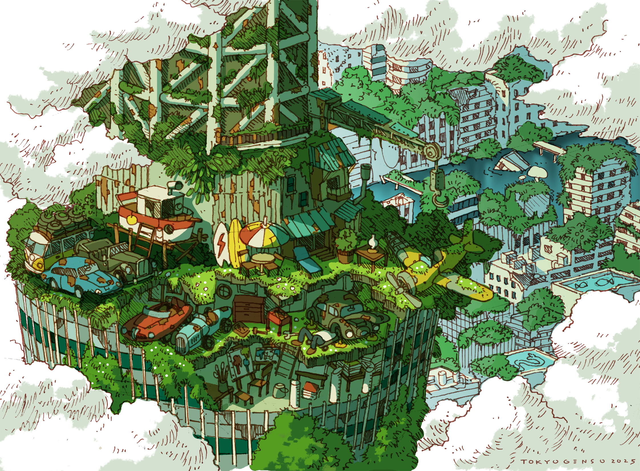 tokyogenso, original, commentary request, highres, vehicle request, 1boy, 2025, abandoned, aircraft, airplane, black pants, boat, brown shoes, building, car, chair, cloud, crane (machine), day, dilapidated, easel, flood, lightning bolt symbol, lying, male focus, motor vehicle, on back, outdoors, overgrown, pants, parasol, post-apocalypse, ruins, rust, shirt, shoes, signature, solo, surfboard, table, umbrella, van, water, watercraft, white shirt