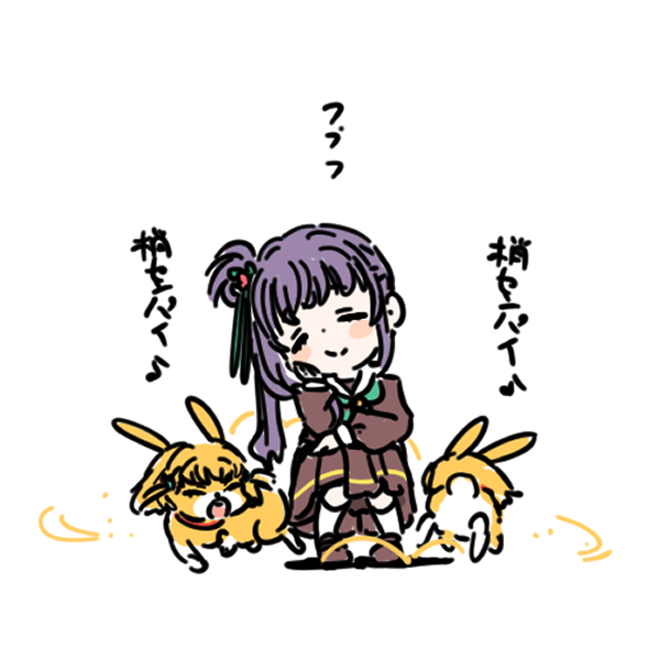 shinanoya (satanicad), hinoshita kaho, otomune kozue, link! like! love live!, love live!, commentary request, translation request, 1girl, :d, afterimage, animalization, aqua neckerchief, blush stickers, brown dress, brown shoes, closed eyes, closed mouth, dress, hair bun, hair ornament, hand on own cheek, hand on own face, happy, hasu no sora school uniform, head tilt, hopping, long sleeves, medium dress, neckerchief, open mouth, rabbit, sailor collar, sailor dress, school uniform, shoes, side ponytail, sidelocks, simple background, single side bun, smile, socks, squatting, tassel, tassel hair ornament, virtual youtuber, white background, white sailor collar, white socks, winter uniform